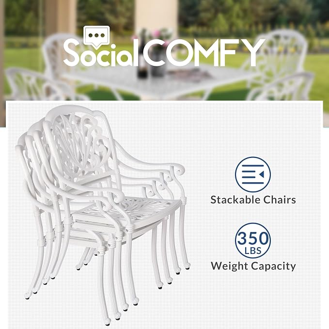 5-Piece Outdoor Patio Dining Set, All-Weather Cast Aluminum Patio Table Set, Include 4 Cushioned Chairs and a 35.4 inch Square Table w/Umbrella Hole for Balcony Garden Backyard, Green