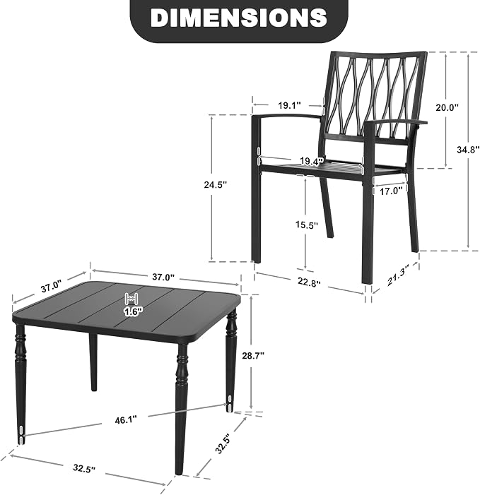 NUU GARDEN 5-Piece Outdoor Patio Metal Dining Set - 4 Stackable Chairs & 37" Square Table with Umbrella Hole, Weather-Resistant Low-Maintenance Furniture for Yard Porch Poolside Garden, Black