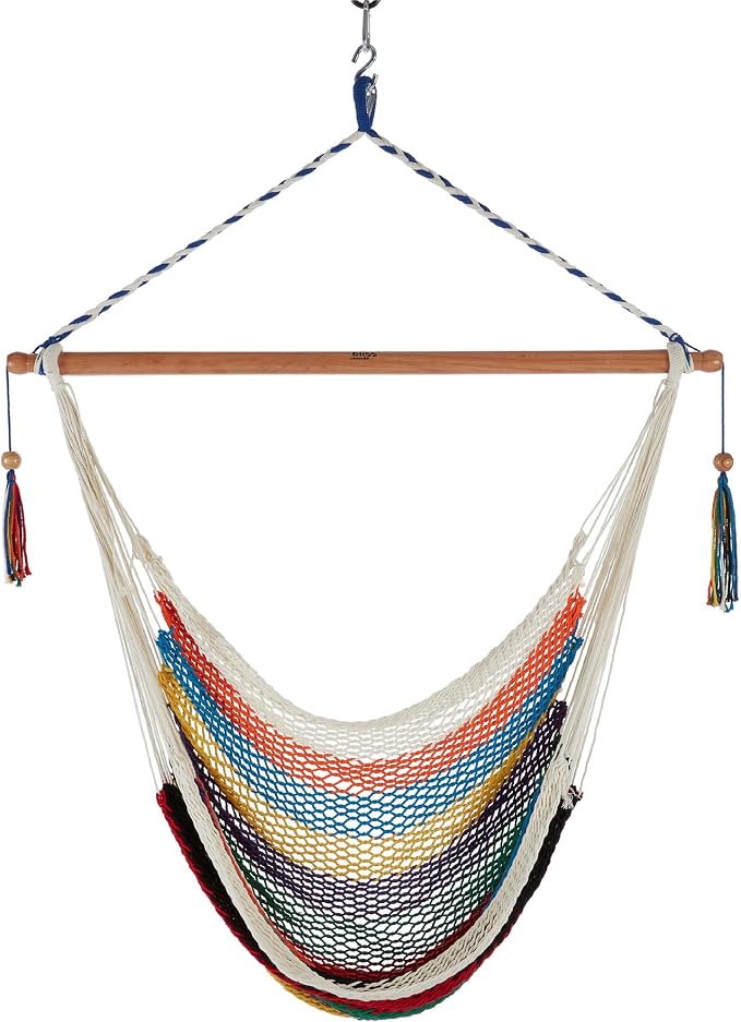 Bliss Hammocks BHC-412 Island Rope Hammock Chair, Eco Friendly & Hand-Woven Recycled Cotton, Varnish Coated 40 Inch Wood Spreader Bar, Easy to Hang w/Included Hanging Kit, Supports up to 265 pounds