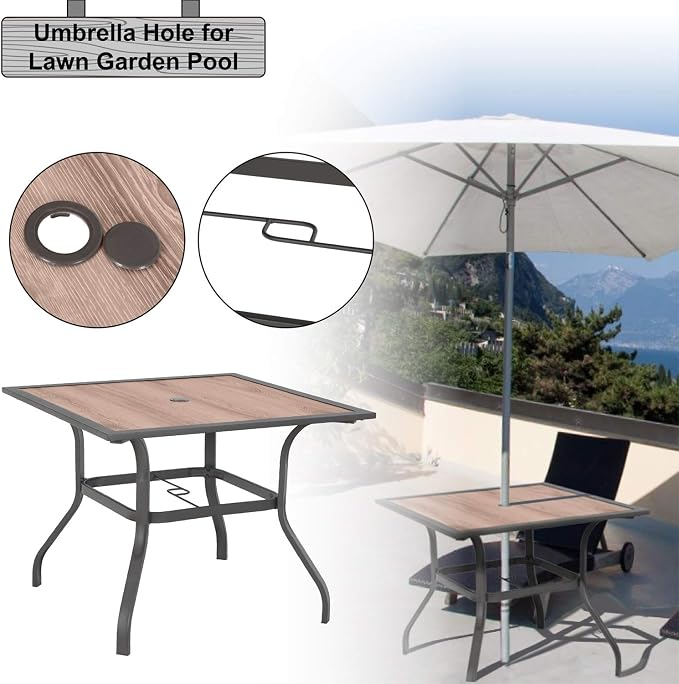Sophia & William Square Patio Dining Table with 1.57" Umbrella Hole, Outdoor Table with Imitation Wood Tabletop and Brown Metal Steel Frame, for Lawn Garden Backyard, L37 X W37 X H28