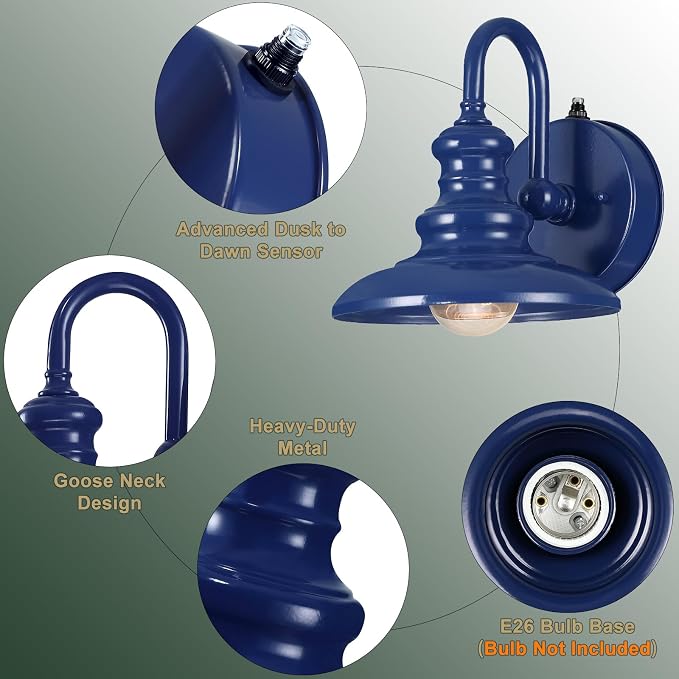 Dusk to Dawn Sensor Outdoor Gooseneck Barn Light Fixtures Blue | Exterior Wall Sconce Lighting Rustic Outside Porch Lantern Farmhouse Wall Mount Lamp for House Garage Patio
