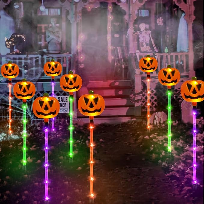 24 Pack Solar Pumpkin Lights Outdoor Waterproof for Halloween Decorations | 8 Modes Halloween Pathway Solar Lights, Orange Purple and Green, for Yard Garden Patio Holiday Party Decor