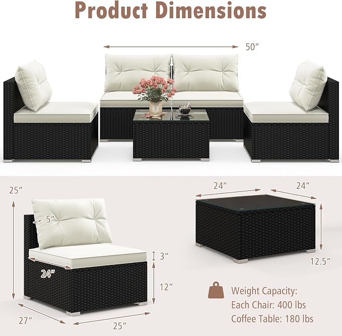 RELAX4LIFE 5-Piece Outdoor Patio Furniture Set, Rattan Sectional Sofa Set w/Glass-Top Coffee Table, Soft Seat & Back Cushions, Bistro Set for Garden Backyard Porch, Wicker Conversation Set (Off White)