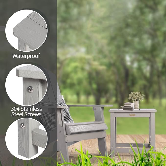 Outdoor Side Table, HIPS Plastic Composite Adirondack Patio Table, Weather Resistant End Tables for Outside, Indoor, Patio, Garden, Pool, Porch, Backyard, Lawn, Deck - Grey