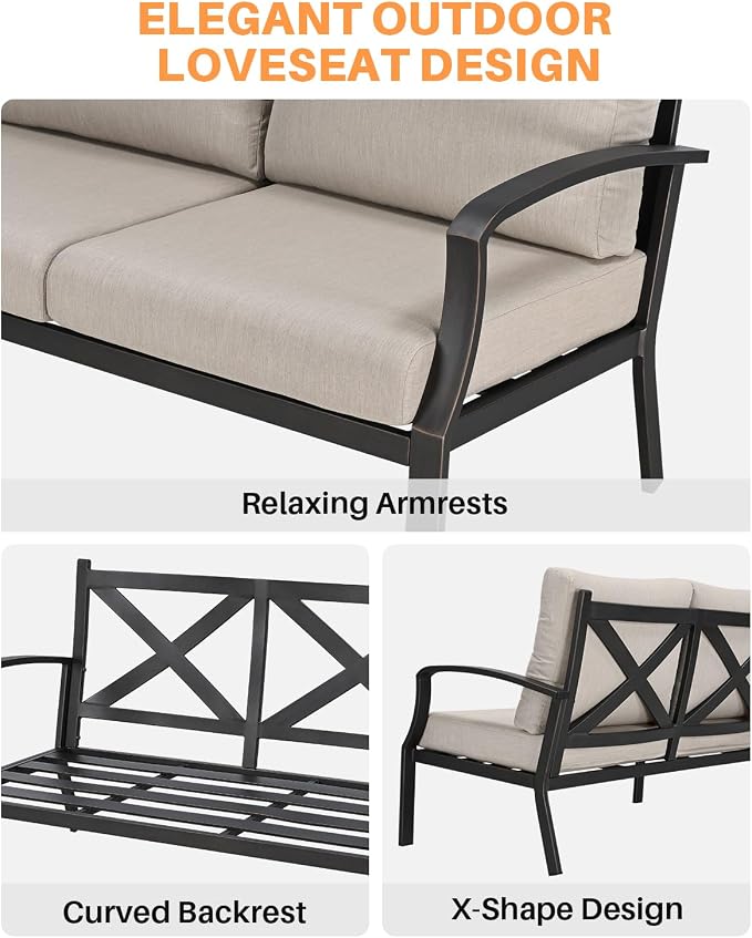 Never-Rust Aluminum Outdoor Loveseat, Modern Patio Loveseat Couch with Deep Seating, All-Weather 2-Seater Outdoor Patio Couch, Outdoor Club Sofa with Cushion for Balcony, Garden, Dark Bronze