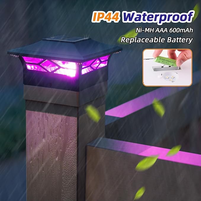 APONUO Solar Post Cap Lights with 8 RGB Colors and Multicolor Flow, Ultra-Bright Clear Lens, IP65 Waterproof for 4x4 5x5 6x6 Wood & Vinyl Fence Posts, 6 Pack Black