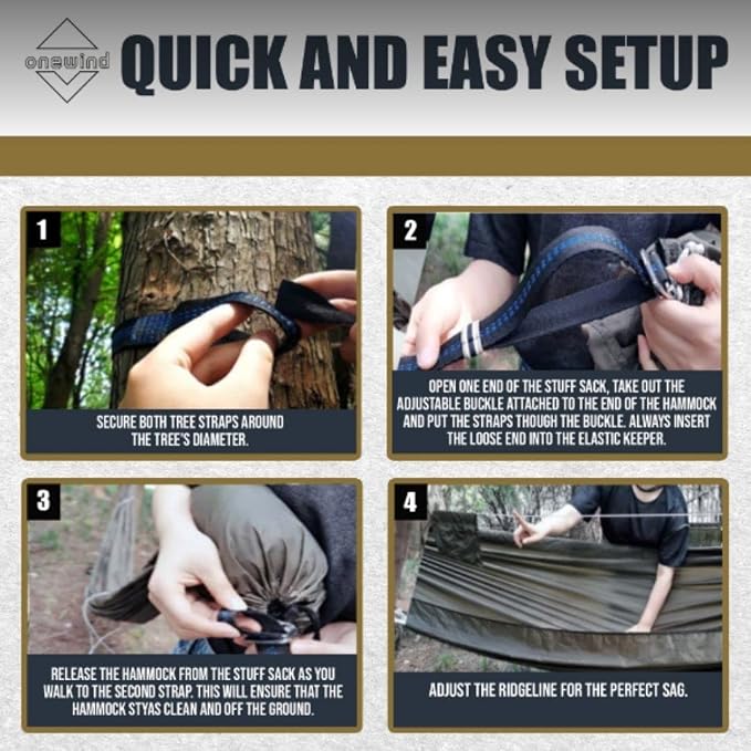 Onewind Camping Hammock, Ultralight Portable Hammock with Adjustable Ridgeline, Outdoor Hammock 20D Ripstop Nylon with 2 * 12Ft Tree Strap, Ideal for Camping, Hiking, Backpacking