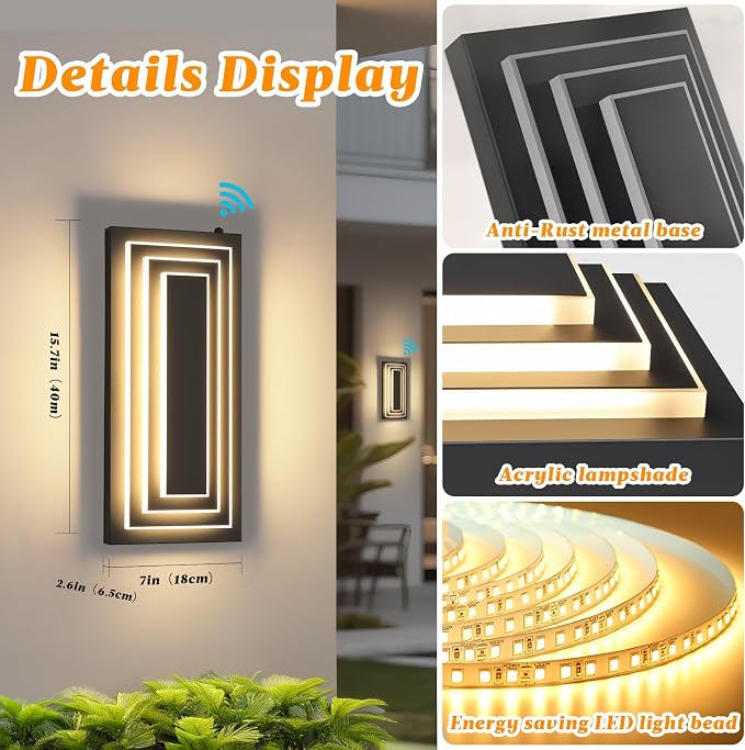 Dawn to Dusk Outdoor Light Fixture,Exterior Wall Light,15.7 in,24 W | 3-Tier Black Modern Outdoor Wall Sconce,Outdoor Lights For House,Front Door, Patio, Waterproof, LED 3000K Warm White, 2 Packs
