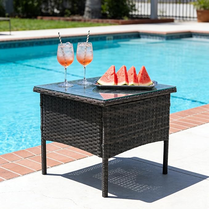 Outdoor Patio Wicker Table,Rattan Side Table,Modern Patio End Side Table with Glass Countertop and Storage Space,for Porch Garden Balcony