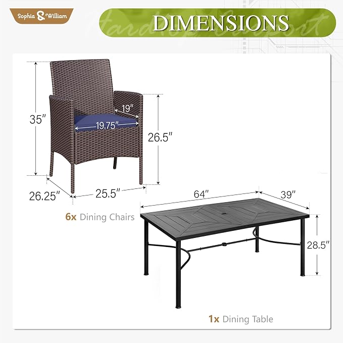 Sophia & William 7-Piece Patio Dining Set, Metal Table, PE Wicker Chairs | All Weather Patio Table and Chairs Set for 6, Perfect for backyard, deck, porch