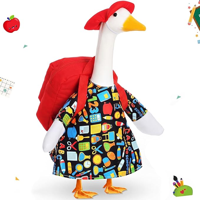 FuWeave Back to School Porch Goose Outfit Set for Plastic Statue Lawn Porch Goose Clothes with Schoolbag for Patio Decor