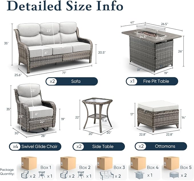 Belord Luxury 6" Thick Cushioned 11 Pieces Patio Furniture Set with Fire Pit Table, Wicker Outdoor Conversation Set with High Back Swivel Rocker Chairs for Deck Porch Yard and Poolside - Grey+Beige