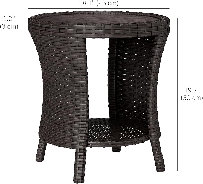 Outsunny 18" Outdoor Wicker Coffee Table, 2-Tier Patio Side Table with Storage, PE Rattan End Table with Composite Wood Top, Steel Frame for Garden Backyard Balcony, Mixed Brown