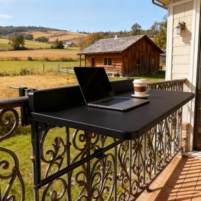 Outdoor Balcony Bar Table for Railings Aluminium Folding Balcony Shelf 5 Height Adjustable Wall-Mounted Side Table Saving Space 120 lbs Loading Serving Table for Patio Deck(Black,39.4x15.7in)