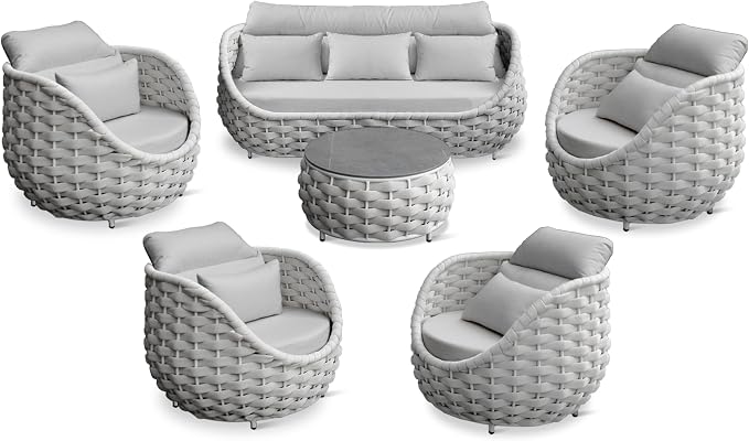 Aluminum Rope Patio Furniture Set: 6 Pieces Assembled Outdoor Conversation Sofa Set for 7 - Modern Metal Couch Set Cushioned - All Weather Porch Seating for Deck Garden Pool Lanai Hotel, Gray