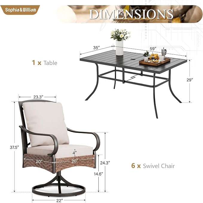 Sophia & William Patio Dining Set 7 Piece Outdoor Table Furniture Set - 6 Padded Swivel Dining Chairs and 1 Rectangular Metal Table with Umbrella Hole for Garden Deck