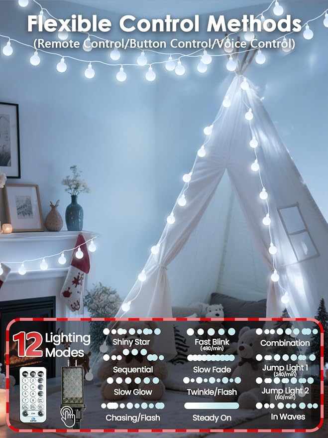 Connectable Globe String Lights Indoor 100LED Smart Fairy Lights Plug in | Voice Controlled, 43FT White Classroom Light, 12 Modes, Timer & Remote, Waterproof Christmas Light for Bedroom Party Decor