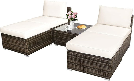 Tangkula 5 Piece Wicker Lounge Chair Set, with Tempered Glass Coffee Table, Outdoor Conversation Sets w/Washable Zippered Cushions, Includes 2 Armless Sofas, 2 Ottomans and 1 Side Table