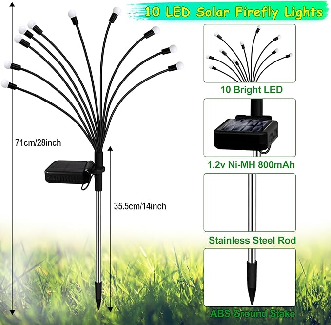 Kohlrabi Solar Garden Lights Outdoor, 10 Pack 80 LED Blue Firefly Lights Waterproof, Sway by Wind, Solar Wind Swaying Light for Yard Patio Backyard Garden Planter Flower Bed Pathway Decoration