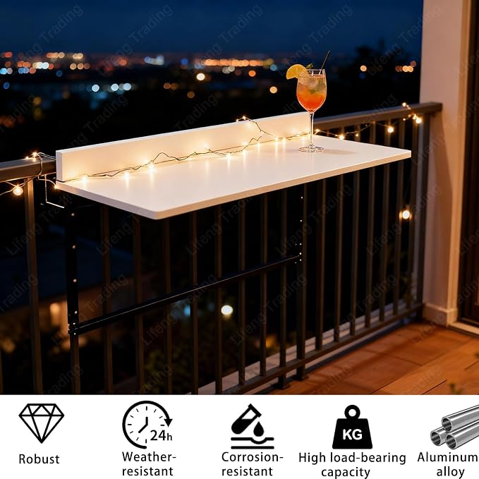 Outdoor Balcony Bar Table for Railings Aluminium Folding Balcony Shelf 5 Height Adjustable Wall-Mounted Side Table Saving Space 120 lbs Loading Serving Table for Patio Deck(White,39.4x15.7in)