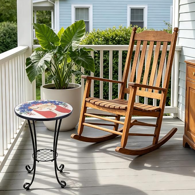 14 Inch Mosaic Patio Side Table with Scroll Legs, Indoor Outdoor Accent Round End Table with Ceramic Tile Tops for Yard, Garden, Living Room, Bistro, B - Red Hair Girl