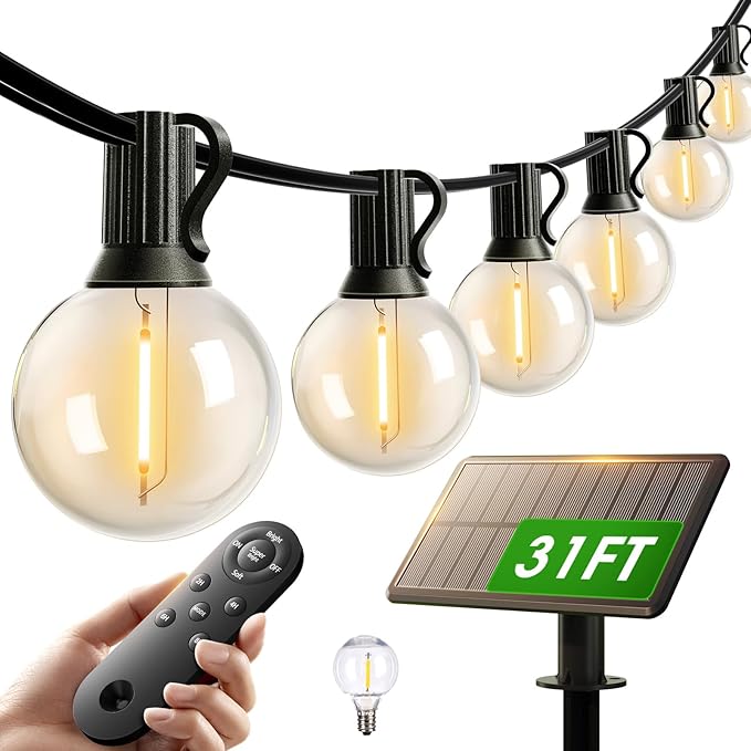 addlon 25FT Solar Powered Outdoor String Lights Waterproof with Remote G40 | Solar Powered String Lights with 13 LED Shatterproof Bulbs, 3 Light Modes, Dimmable Solar Lights for Outside Bistro Cafe