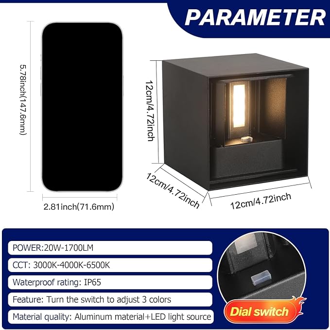 20W 3CCT Adjustable Up and Down LED Wall Sconce 2 Pack | Black IP65 waterproof ETL certified 1300LM Exterior/Interior Lighting Fixtures for porches & patios