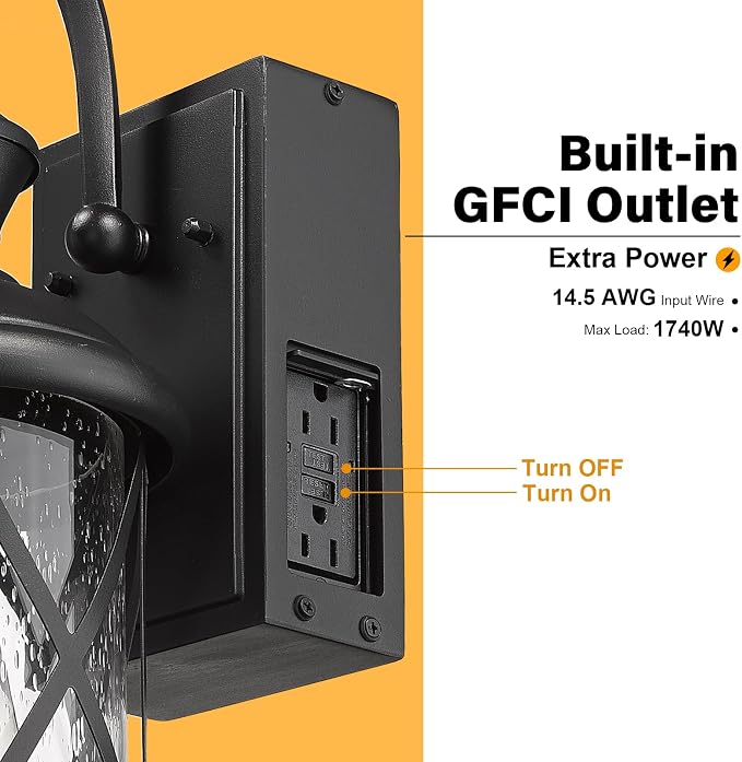 Darkaway Motion Sensor Outdoor Wall Light, Dusk to Dawn Outdoor Porch Light with GFCI Outlet Waterproof Exterior Wall Sconce with Seeded Glass Black Wall Mount Lighting Fixture for House Patio Garage