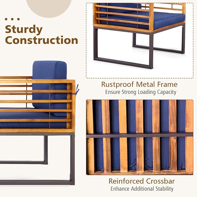 Tangkula 3 Pieces Acacia Wood Patio Bistro Set, Outdoor Conversation Set with Cushioned Armchairs and Square Coffee Table, Patio Furniture Set for Porch, Deck, Balcony