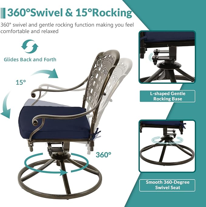 MEETWARM 9-Piece Outdoor Patio Dining Set, All Weather Cast Aluminum Patio Funiture Table and Chairs Set- 94.5” Rectangle Table and 8 Cushioned Swivel Rocker Chairs, Umbrella Hole, Navy Blue