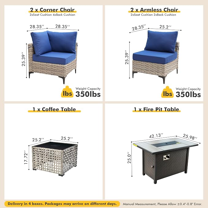 Outdoor Sectional Patio Furniture Set with Fire Pit Table and Glowing Table,6 Pieces Wicker Conversation Sets L Shaped Couch Out Door Sofa Set Outside Furniture for Garden Deck Yard,Navy Blue