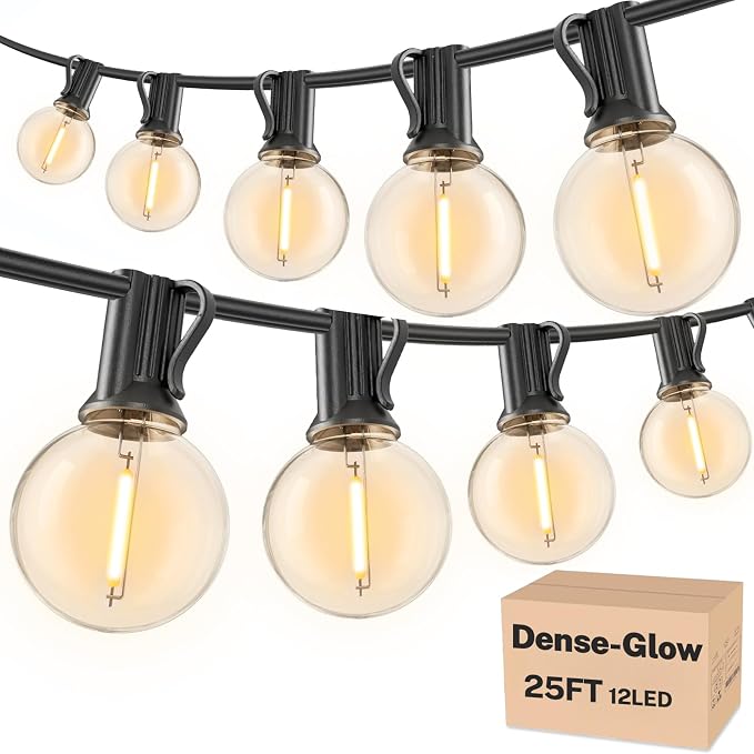 RTTY 25 FT Outdoor String Lights, Waterproof Patio Light 13 LED Bulbs | Dimmable Connectable Shatterproof G40 Outside Hanging Lighting for Balcony, Cafe, Deck, Bistro, Market, Warm White, 2700K