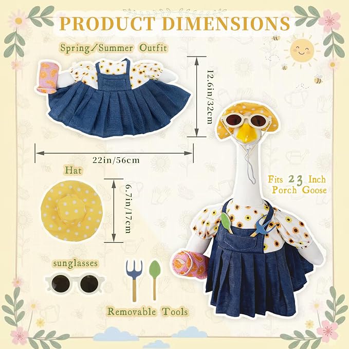 Gardener Summer Porch Goose Outfits for 23 Inch Porch Goose | Garden Porch Goose Clothes with Hat & Sunglasses