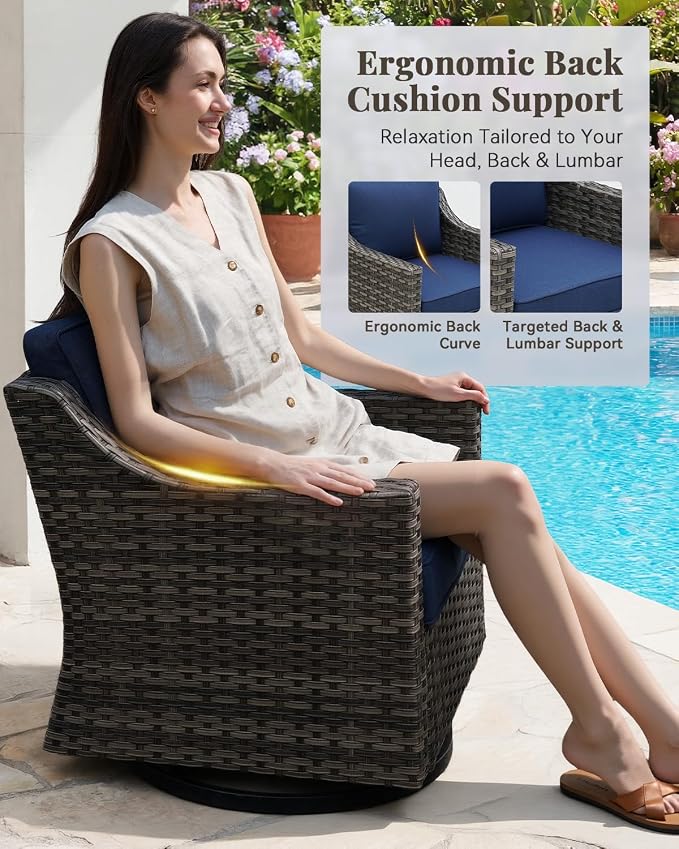 Patio Furniture Set 5 Pieces Luxury Outdoor Swivel Rocker Chairs and Ottomans, Easy Assembly Conversation Set for Porch Deck Balcony Yard in Gray Wicker and Blue Cushions
