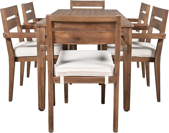 RUNNA 7-Piece Outdoor Patio Dining Set,Acacia Wood Outdoor Dining Table and Chairs Set with Armrest Chairs with Cushions for Patio, Balcony Or Backyard (Burly Wood/Acacia Wood)