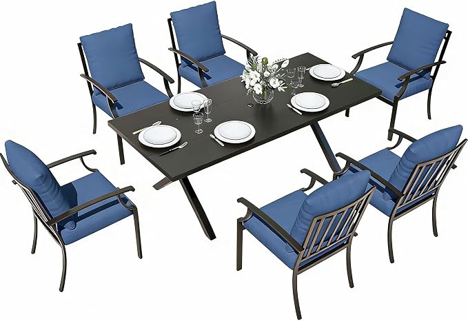 Gotland 7 Piece Outdoor Dining Set, Metal Outdoor Table and Chairs with X-Shaped Legs 1.5" Umbrella Hole, Patio Furniture Set with Waterproof Cushions, Patio Dining Sets for Backyard Deck Navy