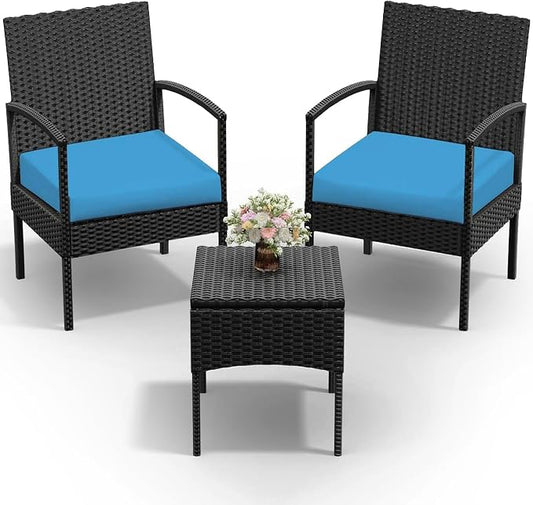PROHIKER Patio Porch Furniture Set, 3 PCS Outdoor Patio Furniture with Rattan Chairs, Table, Blue Cushions for Garden Porch Balcony Yard