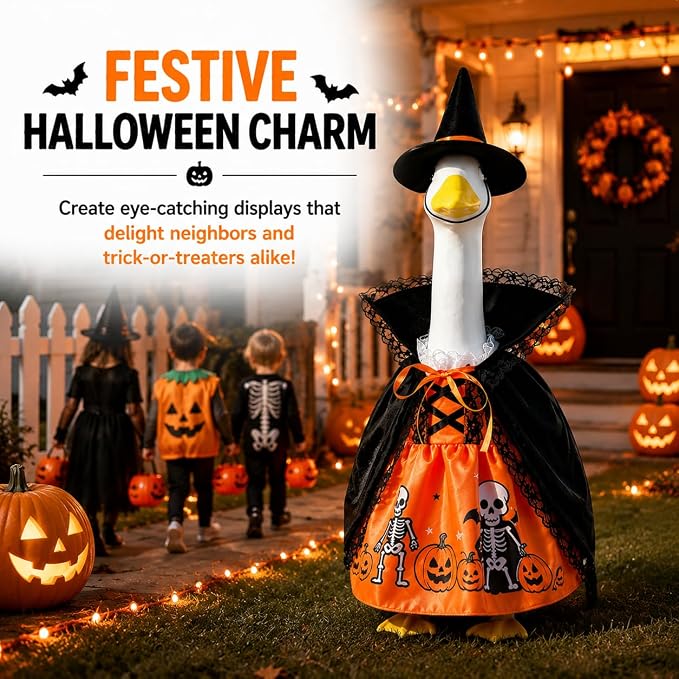 STONESTAR Halloween Porch Goose Outfits for 23'' Lawn Geese Statue Goose Costume with Pumpkin Dress Witch Hat Lace-Trim Cape, Outdoor Garden Goose Decor for Patio Yard Lawn Art Halloween Ornament