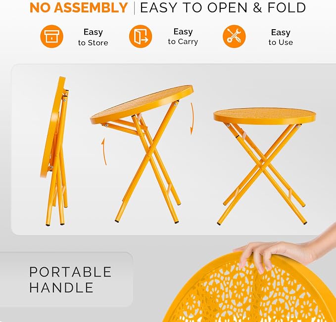 VINGLI Outdoor Folding Side Table with Chic Hollow Pattern and Durable, Rust-Resistant Coated Iron Patio Bistro Table Suitable for Indoor & Outdoor Porch, Deck, Balcony and Pool,Yellow