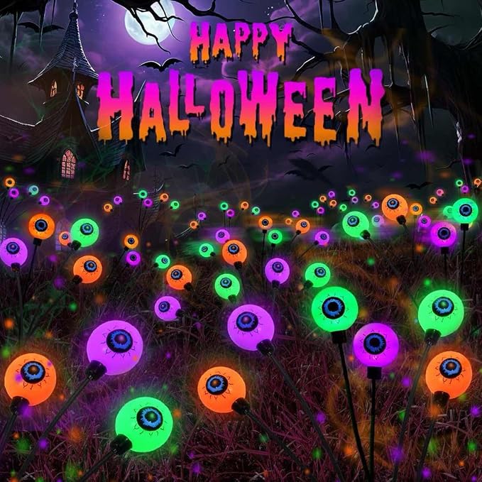 6 Pack Solar Halloween Decorations Outdoor 36 LED Solar Eyeball Lights | Orange Purple Green Halloween Lights, Sway by Wind, IP65 Waterproof, 2 Modes, for Pathway Garden Yard Lawn Horror Party Decor