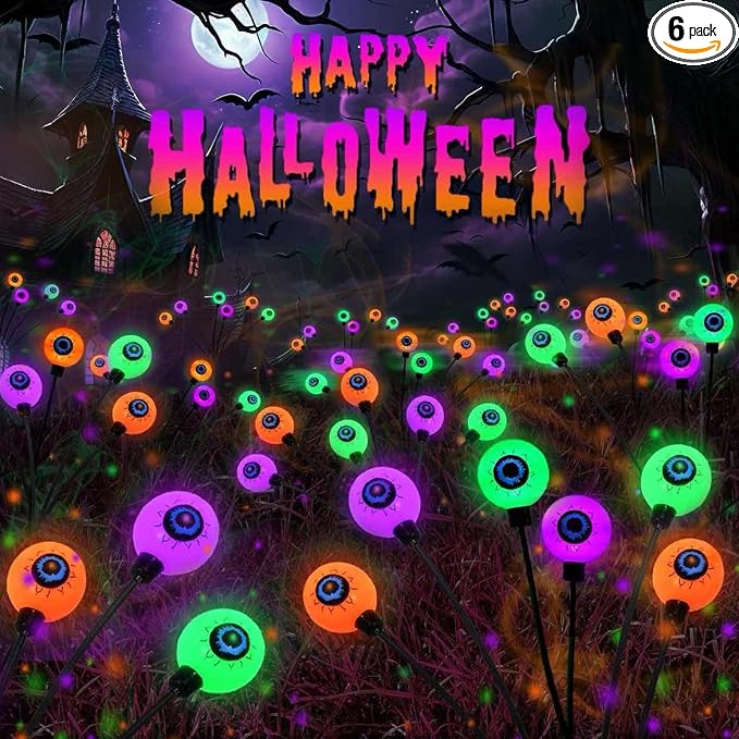 6 Pack Solar Halloween Decorations Outdoor 36 LED Solar Eyeball Lights | Orange Purple Green Halloween Lights, Sway by Wind, IP65 Waterproof, 2 Modes, for Pathway Garden Yard Lawn Horror Party Decor