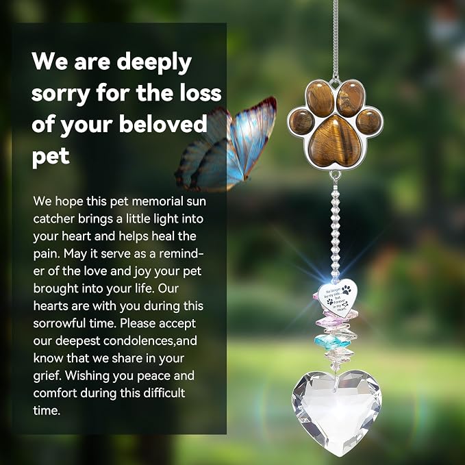 Dog Memorial Gifts, Pet Memorial Suncatcher, Loss of Dog Sympathy Gift | Thoughtful Dogs and Cats Bereavement Remembrance Gifts, Natural Cat's Eye Stone Paw Crystal Suncatcher