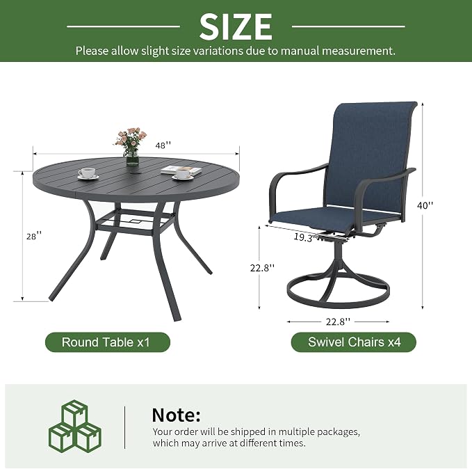 Anmutig 5-Piece Outdoor Patio Dining Set, 48" Round Table with 4 Swivel Textilene Rocking Chairs, Navy Blue Mesh Fabric, Black Metal Frame