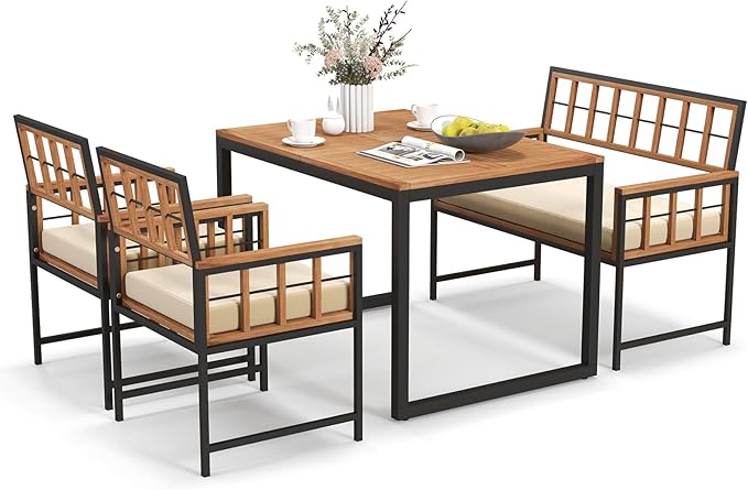 Tangkula 4 Piece Patio Dining Set, Outdoor Wood Dining Furniture W/ 2 Chairs & 1 Loveseat, 47” Acacia Wood Table W/Umbrella Hole, Cozy Seat Cushions, Outside Furniture Set for Backyard, Poolside