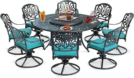 9-Piece Patio Cast Aluminum Dining Set, 8 Person Outdoor Dining Furniture Set, Includes 8 Swivel Dining Chairs and 61" Large Round Dining Table w/ 31" Lazy Susan, Umbrella Hole, Ocean Blue