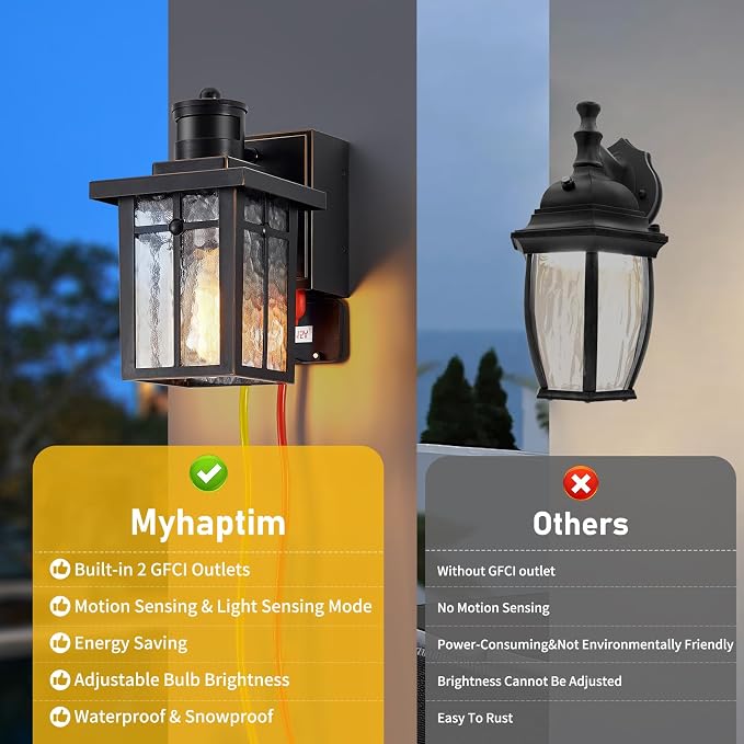 Myhaptim Porch Lights with GFCI Outlet,Dusk to Dawn Motion Sensor Outdoor Lights,3 Lighting Modes Black Front Door Light,Waterproof Exterior Light Fixture,Outside Wall Lamp for House Patio Garage