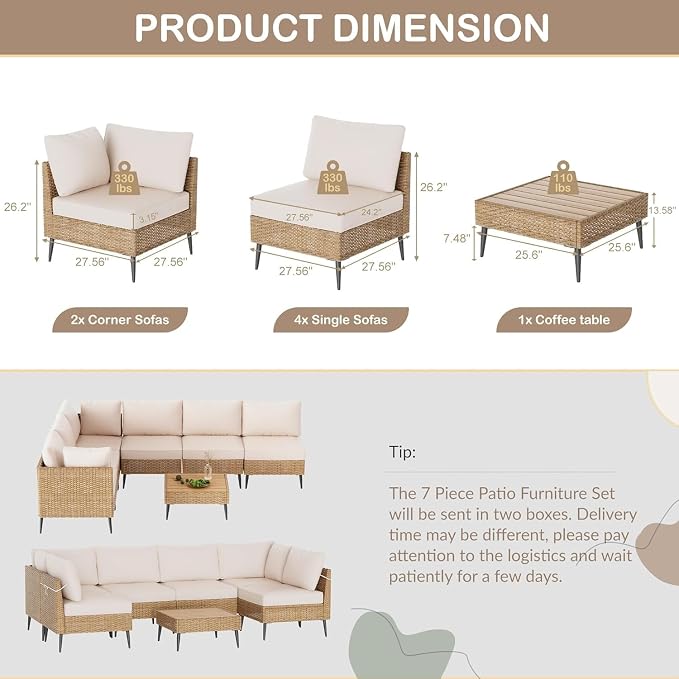 7 Piece Outdoor Patio Furniture Set, All Weather PE Rattan Sectional Sofa with Cushions and Table, Wicker Patio Conversation Couch Set for Garden Poolside Backyard Lounge(Green)