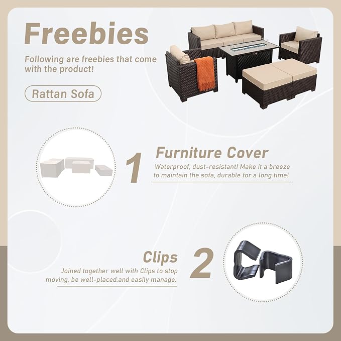Rattan Star Patio Furniture Set 6-Piece Outdoor Furniture Set with 45'' Propane Gas Fire Pit Table Outdoor Conversation Set Wicker Sofa Set Non-Slip Cushions Waterproof Covers, Khaki