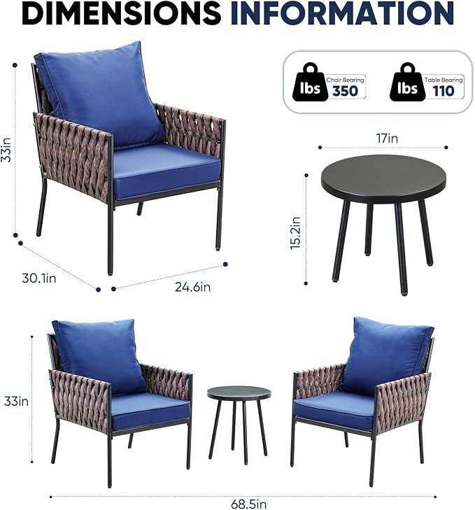 JOYURE 3-Piece Patio Furniture Set, Armchairs with Coffee Table,Modern Wicker Outdoor Conversation Set with Waterproof Thick Cushion for Deck,Backyard,Porch,Navy