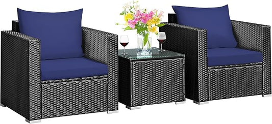 Tangkula 3 Pieces Patio Furniture Set, PE Rattan Wicker Sofa Set w/Washable Cushion and Tempered Glass Tabletop, Outdoor Conversation Furniture for Garden Poolside (Navy Blue)